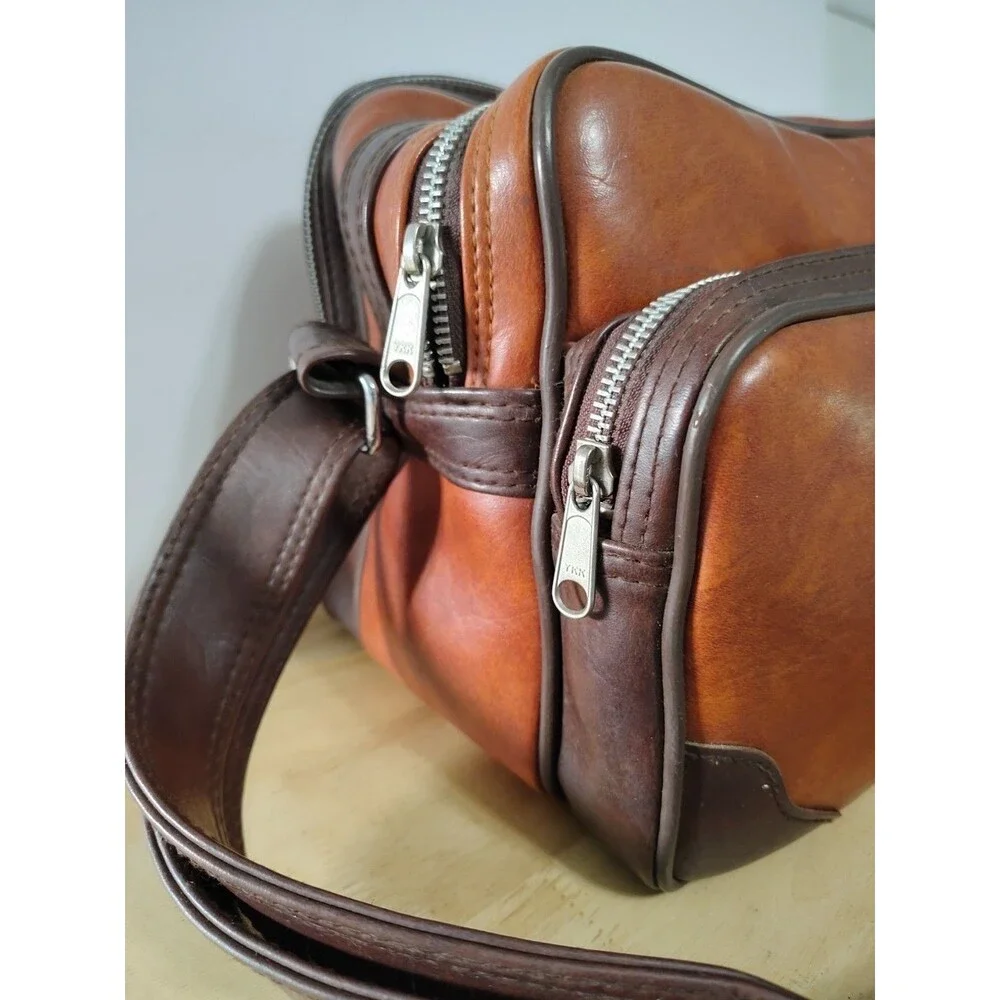 Vintage 3 Compartment Brown Leather CAMERA BAG 12 W x 7 D x 9 H W/Shoulder Strap
